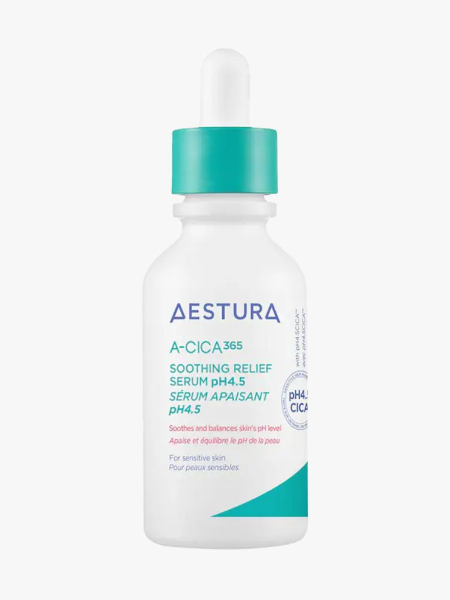 Aestura A-Cica365 Soothing Relief Serum pH4.5 in branded dropper component on a light gray background