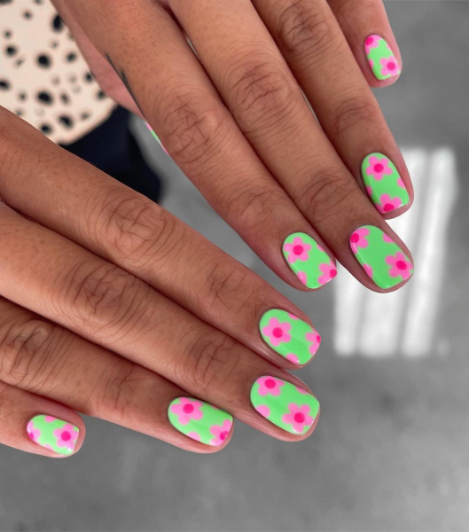 Easter nails neon green nails with pink flowers